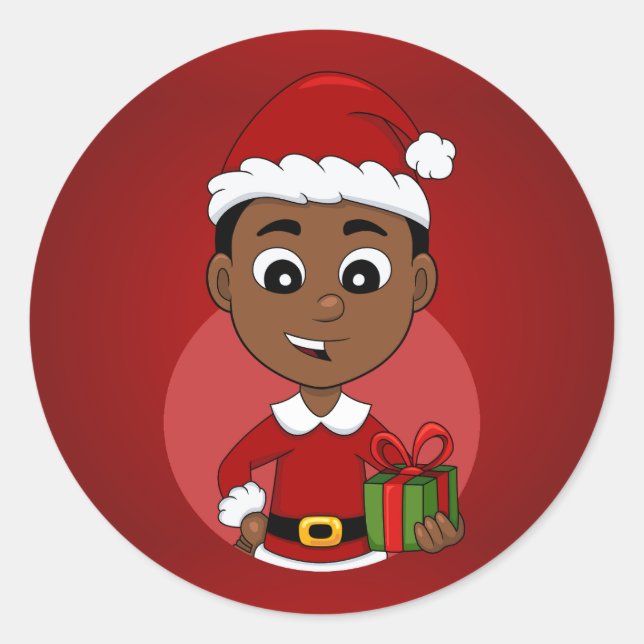 Niedlicher afrikanischer Weihnachtsjunge Cartoon Runder Aufkleber (Vorderseite)