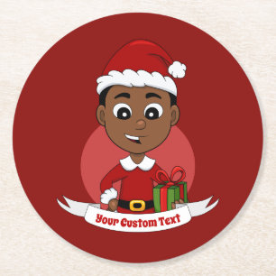 Niedlicher afrikanischer Weihnachtsjunge Cartoon Runder Pappuntersetzer