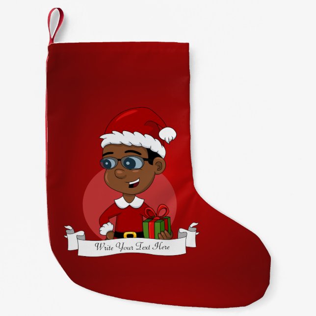 Niedlicher afrikanischer Weihnachtsjunge mit Brill Kleiner Weihnachtsstrumpf (Vorderseite)
