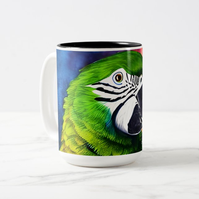 Niedlicher AI-generierter Papagei Nah Zweifarbige Tasse (Vorderseite Links)