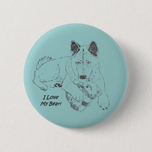 Niedlicher Akita-Hund und Teddybär zeichnend Origi Button