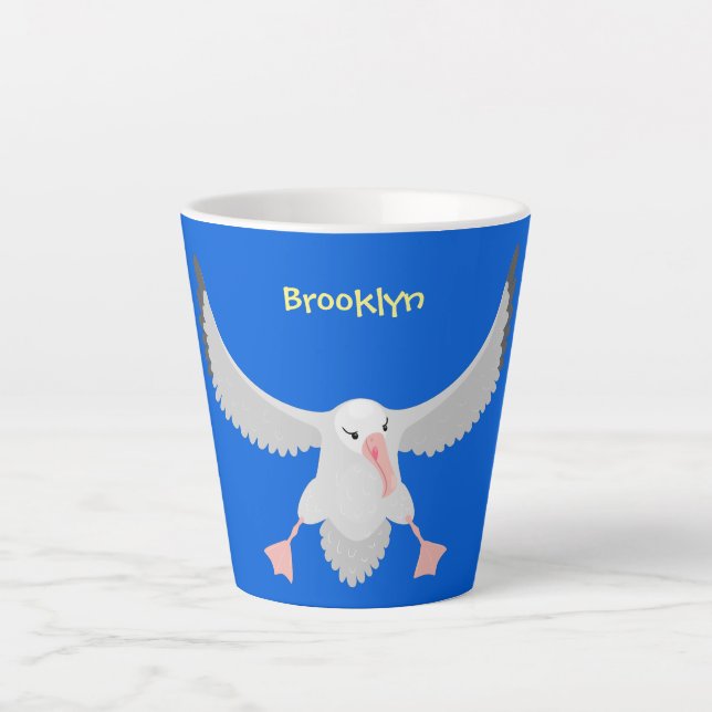 Niedlicher Albatross-Vogel mit Cartoon Milchtasse (Vorderseite)