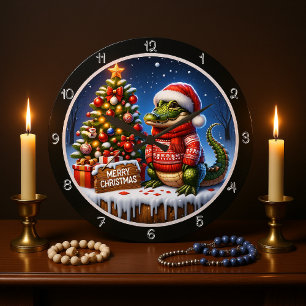 Niedlicher Alligator Frohe Weihnachtsgrafik Große Wanduhr