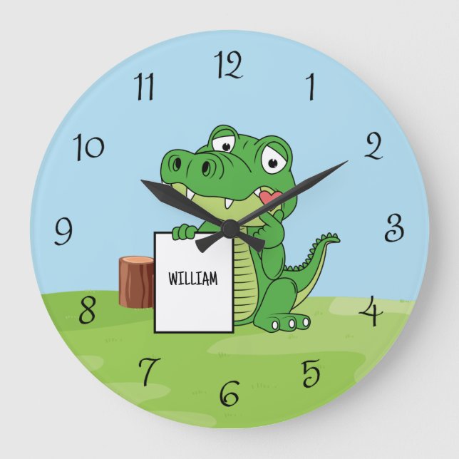Niedlicher Alligator mit Herz und Individuelle Nam Große Wanduhr (Vorderseite)