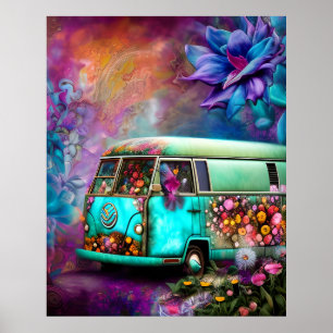 Niedlicher, alter rostiger Combi-Van mit Blume der Poster
