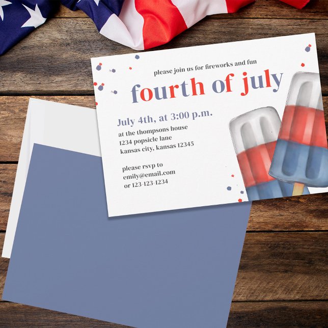 Niedlicher Amerikanische Unabhängigkeitstag Popsic Einladung (Fourth of July party invitation with red, white, and blue popsicles. )
