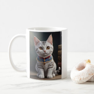 Niedlicher amerikanischer Kurzhaarkitte mit großen Kaffeetasse