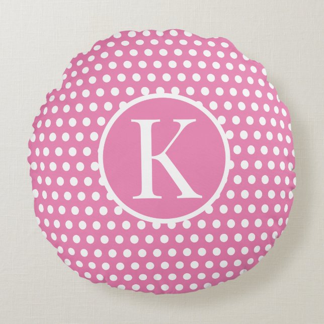 Niedlicher Anfangsbuchstabe Polka Dot Pink Rundes Kissen (Vorderseite)