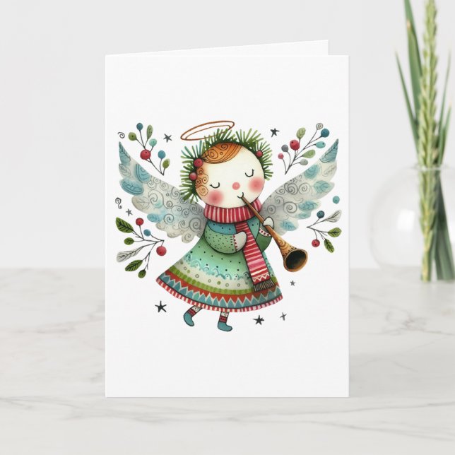Niedlicher Angel Folk Art Style Frohe Weihnachten Karte (Vorderseite)
