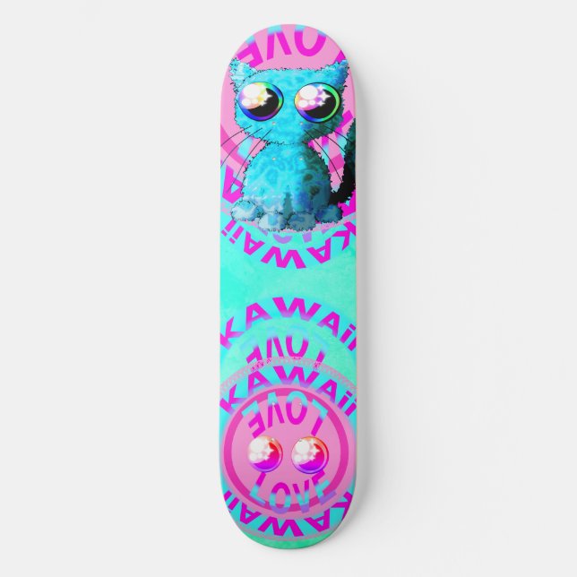 Niedlicher Animeentwurf mit Katze und Text Skateboard (Vorderseite)