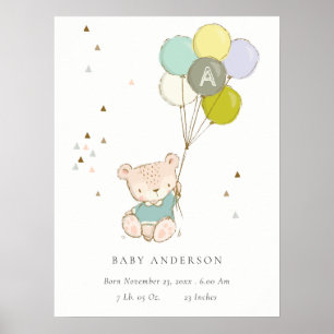 Niedlicher Aqua-Bären-Ballon-Boys Monogram Geburts Poster