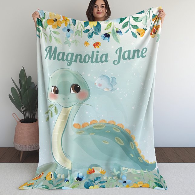 Niedlicher Aquamariner Dinosaurier Kinder schwarz  Fleecedecke (Cute Teal Dinosaur Kids Blanket with Blush Flowers)