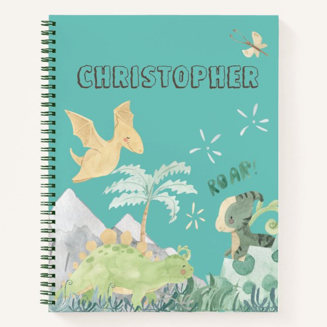 Niedlicher Aquamariner Dinosaurier Notizbuch (Vorderseite)