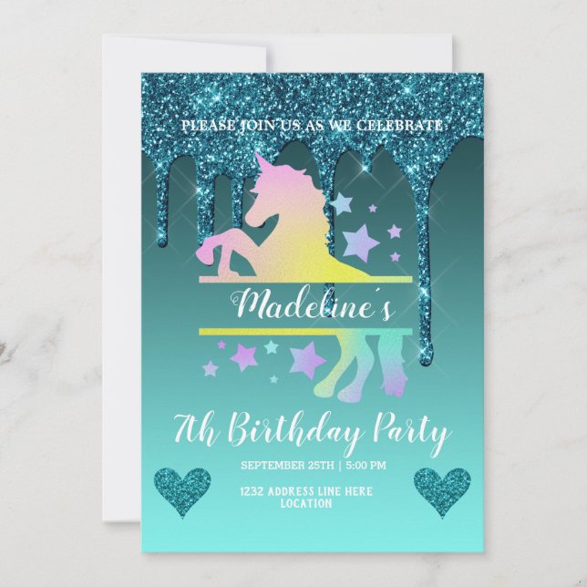 Niedlicher Aquamariner Glitzer Einladung (Vorderseite)