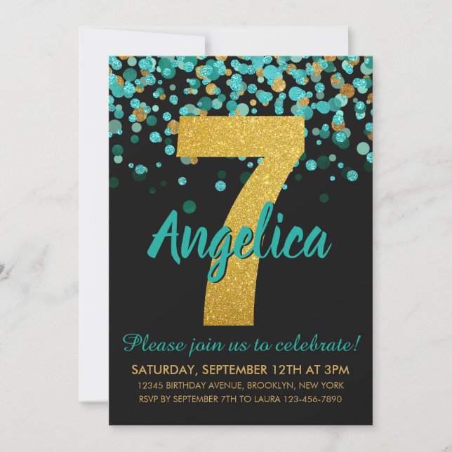 Niedlicher Aquamariner Gold Glitzer Black Confetti Einladung (Vorderseite)