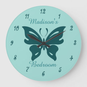 Niedlicher Aquamariner Schmetterling Custom Girl's Große Wanduhr