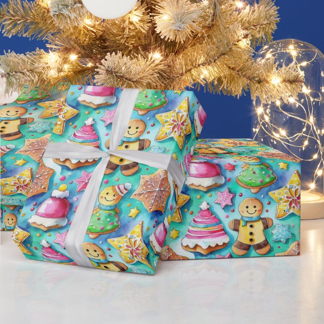 Niedlicher Aquarell Cartoon Lebkuchen Cookie Geschenkpapier (Feiertage)