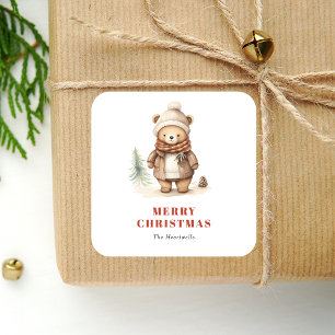 Niedlicher Aquarellbär Frohe Weihnachtsfeiertage Quadratischer Aufkleber