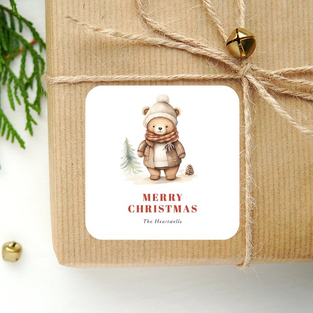 Niedlicher Aquarellbär Frohe Weihnachtsfeiertage Quadratischer Aufkleber (Von Creator hochgeladen)