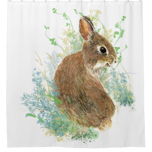 Niedlicher Aquarellgarten Bunny Rabbit Blau, grün Duschvorhang (Vorderseite)
