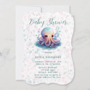 Niedlicher Aquarelltopus mit Bläschen Babydusche Einladung