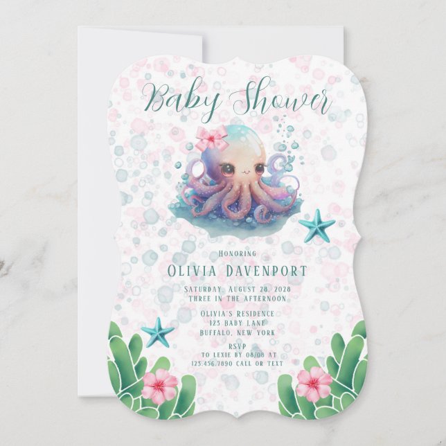 Niedlicher Aquarelltopus mit Bläschen Babydusche Einladung (Vorderseite)