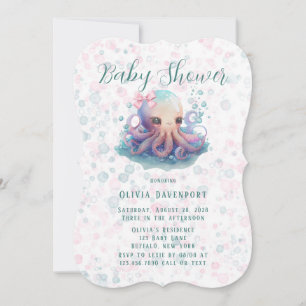 Niedlicher Aquarelltopus mit Bläschen Babydusche Einladung