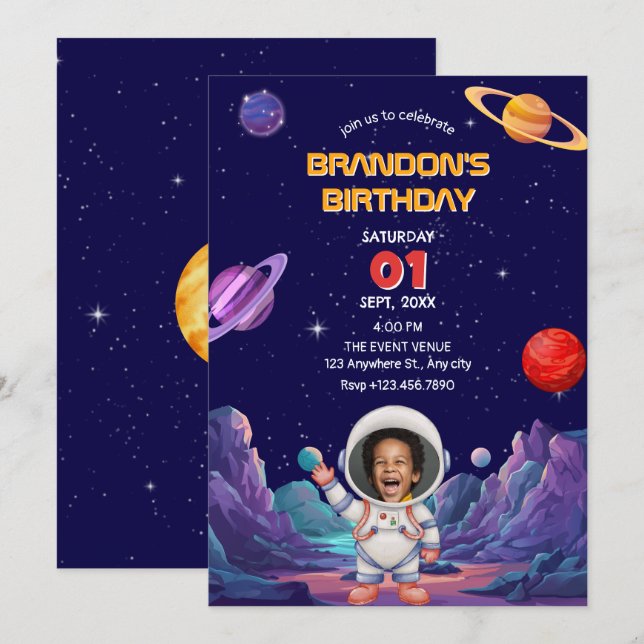 Niedlicher Astronaut Space Foto Geburtstag Einladung (Vorne/Hinten)