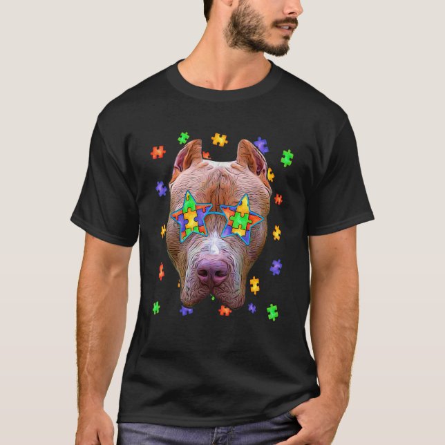 Niedlicher Autismus Pitbull Dog Puzzle Sonnenbrill T-Shirt (Vorderseite)