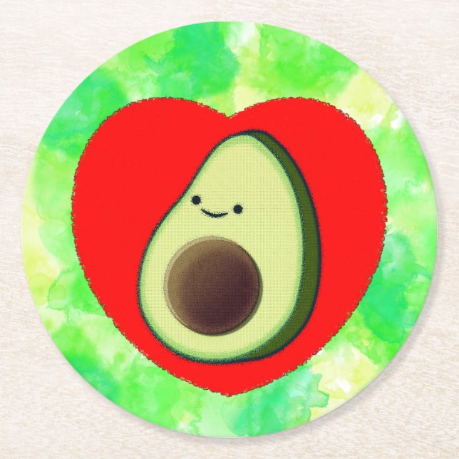 Niedlicher Avocado Cartoon in Rotem Herzen auf Was Runder Pappuntersetzer (Vorderseite)