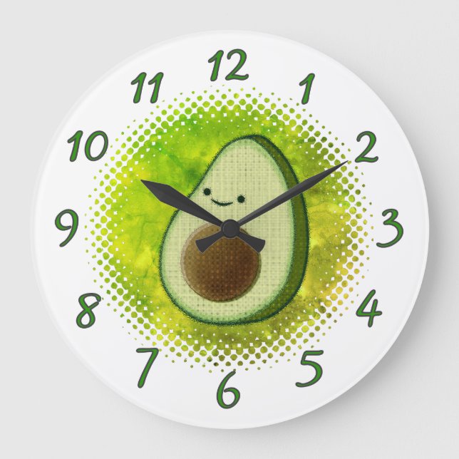 Niedlicher Avocado Zeichnete Aquarellbilder Große Wanduhr (Vorderseite)