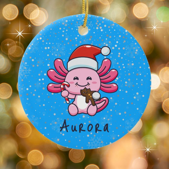 Niedlicher Axolotl mit Weihnachtsmannmütze & Candy Keramik Ornament (Personalize with a name. Available in assorted ornaments and products.)