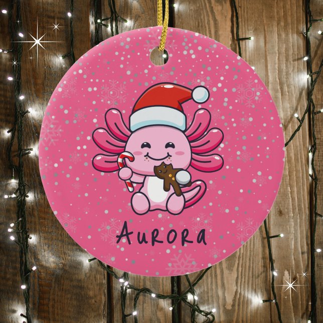 Niedlicher Axolotl mit Weihnachtsmannmütze & Candy Keramik Ornament (Personalize with a name. Available in assorted ornaments and products.)