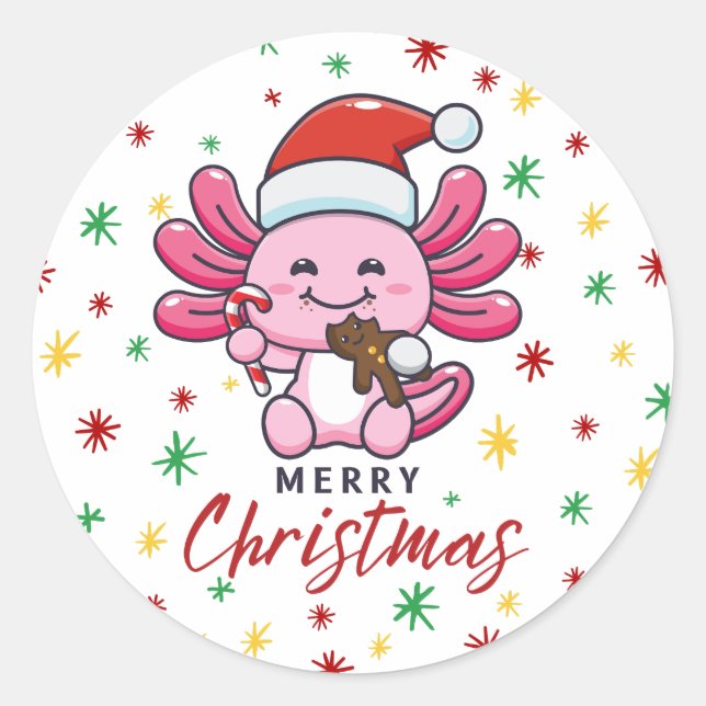 Niedlicher Axolotl mit Weihnachtsmannmütze Kawaii  Runder Aufkleber (Vorderseite)