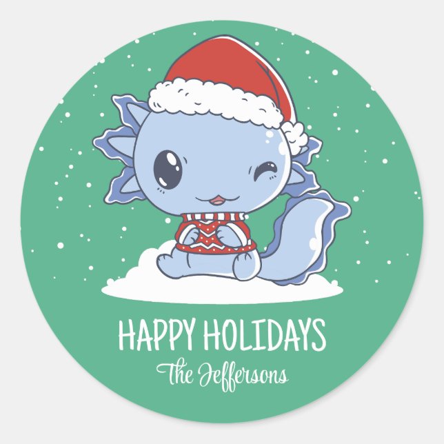 Niedlicher Axolotl Weihnachtsschnee Winterurlaub Runder Aufkleber (Vorderseite)