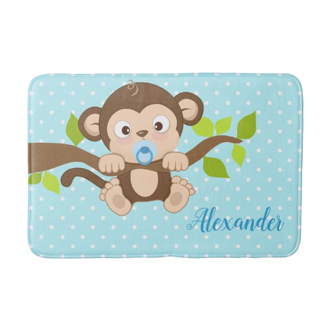 Niedlicher Baby-Affe-blaue Polka-Punkte Badematte (Vorderseite)