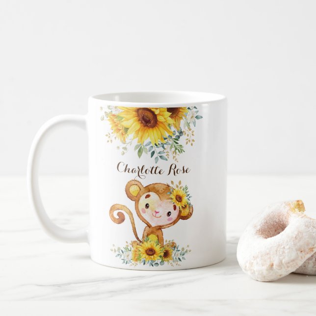 Niedlicher Baby-Affe Boho Wasserfarbe Sonnenblumen Kaffeetasse (Mit Donut)