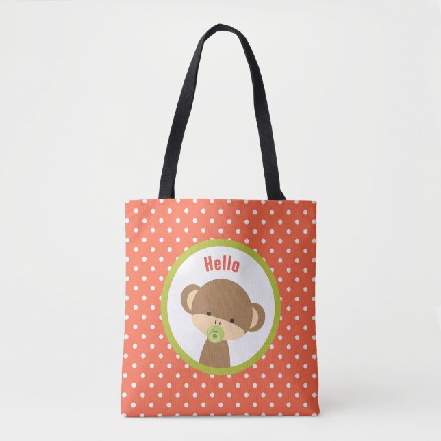 Niedlicher Baby-Affe mit Schnuller auf Polka Dots Tasche (Vorderseite)