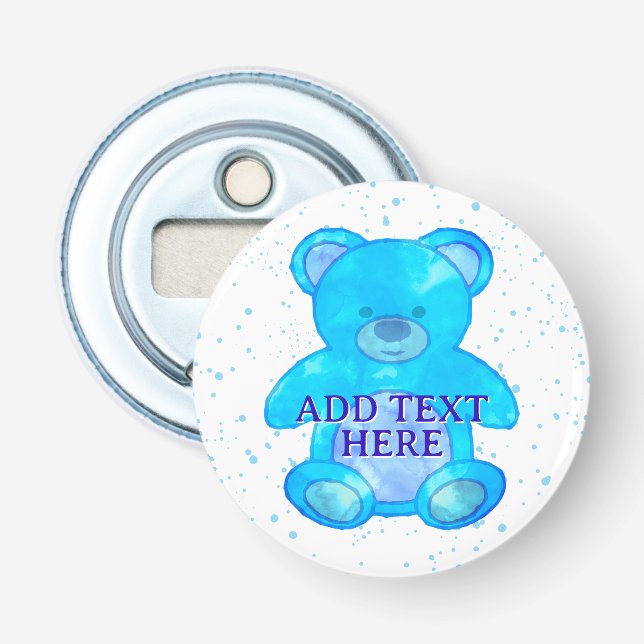 Niedlicher Baby-Bär in blau-individuellem Text Flaschenöffner (Vorderseite)