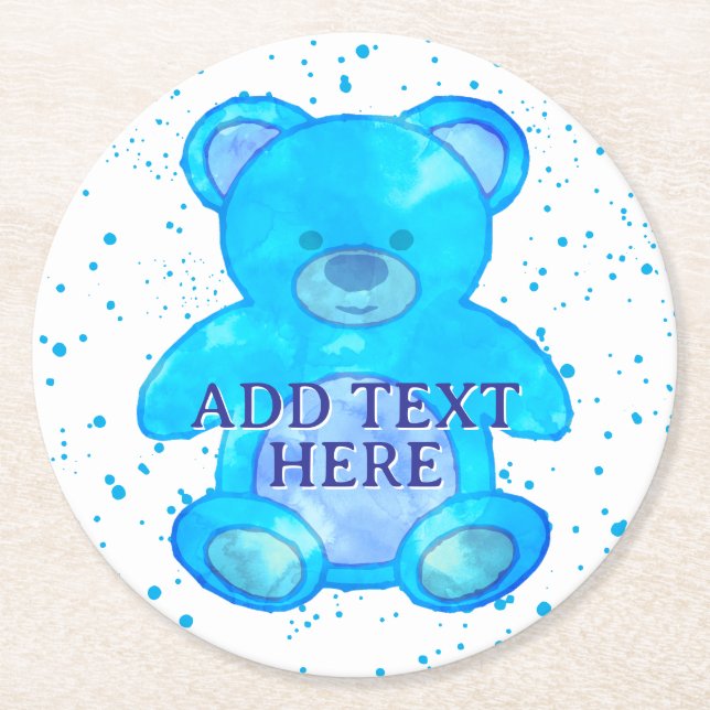 Niedlicher Baby-Bär in blau-individuellem Text Runder Pappuntersetzer (Vorderseite)