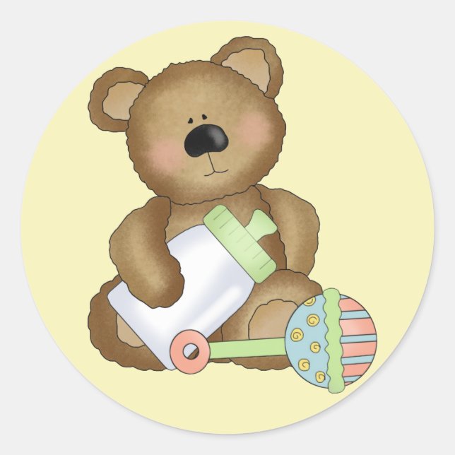 Niedlicher Baby Bär mit Babyflasche und Rattle Runder Aufkleber (Vorderseite)