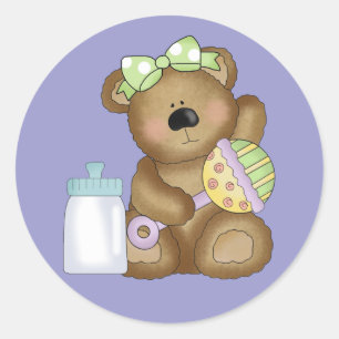Niedlicher Baby Bär mit Babyflasche und Rattle Runder Aufkleber