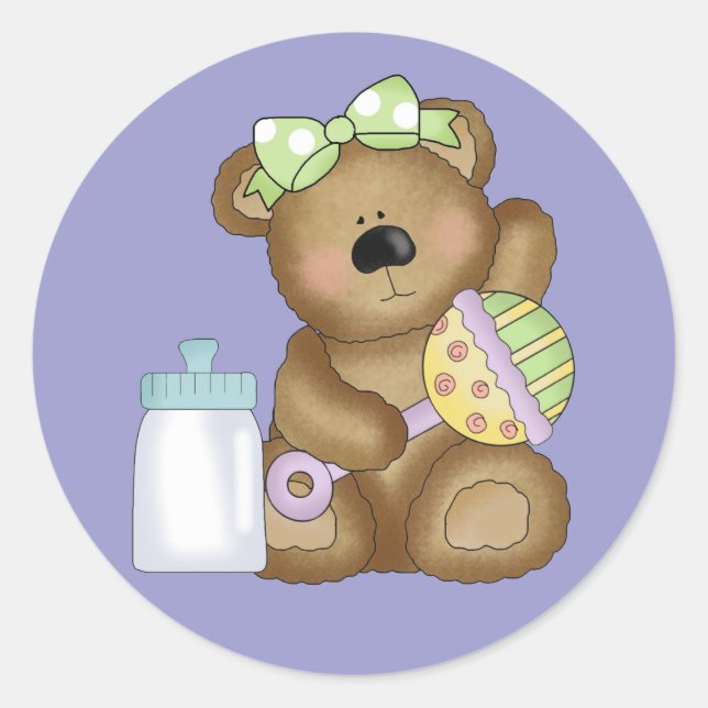 Niedlicher Baby Bär mit Babyflasche und Rattle Runder Aufkleber (Vorderseite)