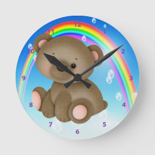 Niedlicher Baby-Bär u. Regenbogen-Uhr Runde Wanduhr