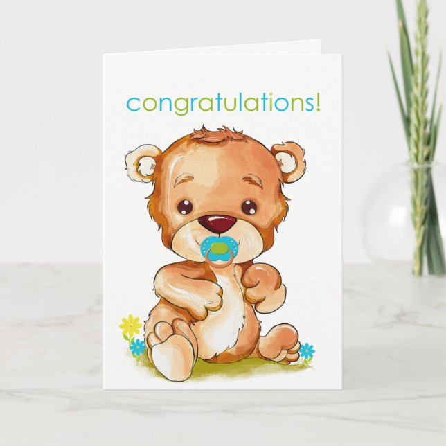 Niedlicher Baby-Bärenjunge Watercolor Gratulation Karte (Vorderseite)