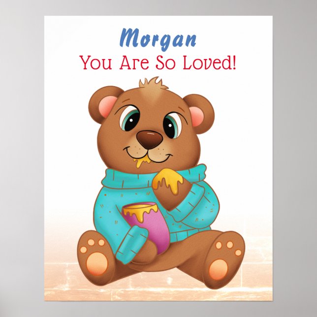 Niedlicher Baby-Bear Eating Honey Child's Name & M Poster (Vorne)