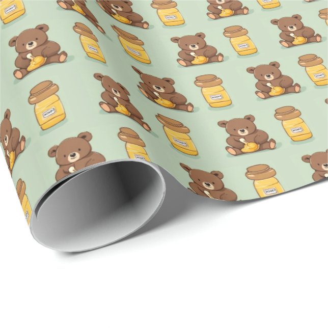 Niedlicher Baby Bear Eating Honey Geschenkpapier (Rolleneckpunkt)