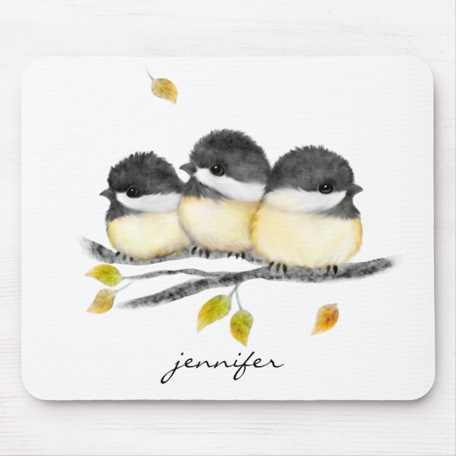 Niedlicher Baby Bird 3 Chickadee auf Baumzweig Mousepad (Vorne)
