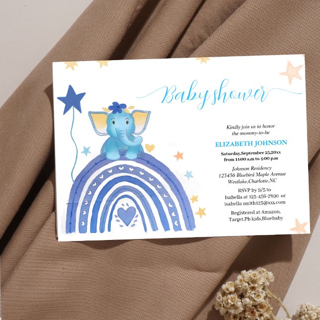 niedlicher Baby-Blue-Elefant mit Regenbogen-Babydu Einladung (Von Creator hochgeladen)