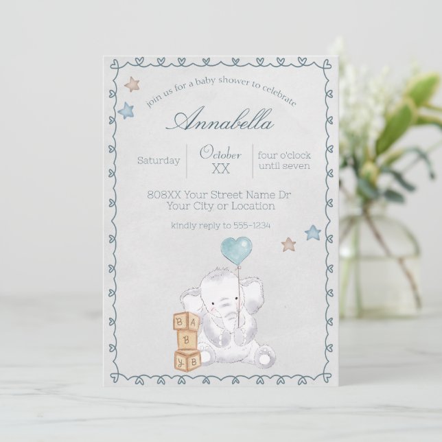 Niedlicher Baby Boy Elephant und Balloon Wassercol Einladung (Stehend Vorderseite)